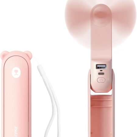 JISULIFE pocket bear mini fan with built-in flashlight and power bank, foldable design for handheld or desktop use.