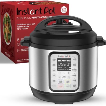 The Instant Pot Duo Plus 9-in-1 Multicooker offers pressure cooking, slow cooking, steaming, sautéing, and more—all in one versatile appliance.