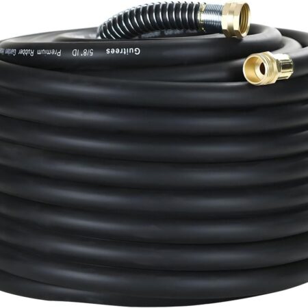 Guitrees heavy-duty rubber garden hose with solid brass fittings, 5-layer braided construction, and high-pressure all-weather performance.