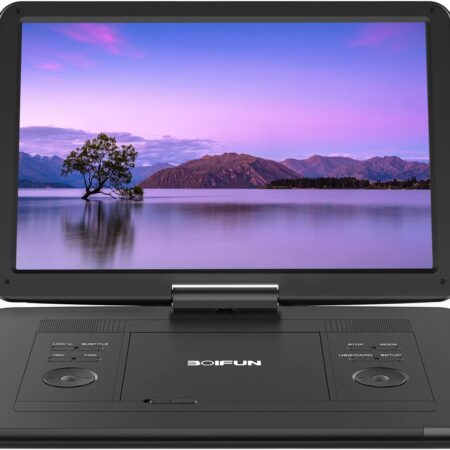 BOIFUN 15.6-inch portable DVD player with HD swivel screen, long battery life, USB/SD card support, and anti-shock design.
