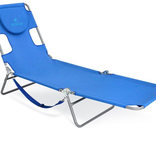 Blue Ostrich folding beach lounge chair with adjustable recline, designed for outdoor use on lawn, patio, poolside, garden, or yard. Lightweight and portable.