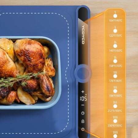 Electric silicone food warming mat with touchscreen controls, adjustable temperature, and insulated base for safe, even heat distribution.