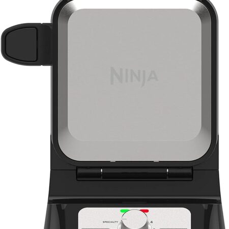 Vertical Belgian waffle maker with 5 shade settings, nonstick plates, and precision-pour cup.