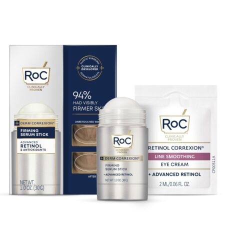 A sleek, dermatologist-developed retinol serum stick designed to glide smoothly on the face, neck, chest, and hands, providing anti-aging and firming benefits.
