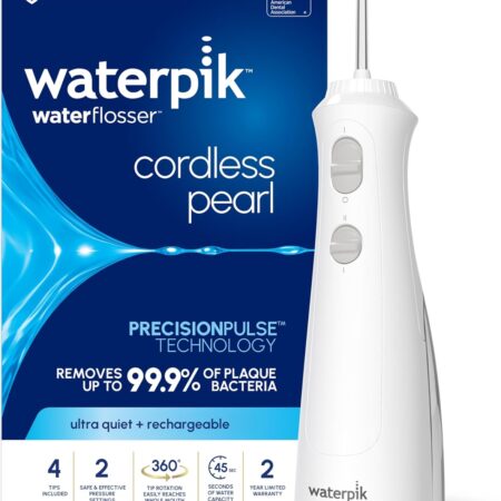 Waterpik Cordless Pearl offers powerful, portable flossing with 4 tips and 2 pressure settings—perfect for teeth, gums, braces, and travel.