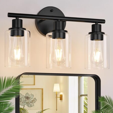 Matte black bathroom vanity light with clear glass shades, reversible mounting, and durable metal construction for stylish home lighting.