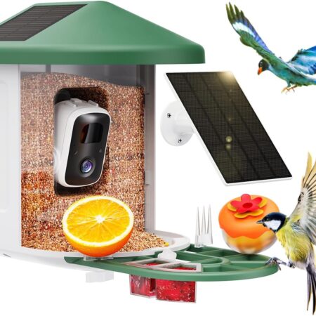 Smart bird feeder camera with solar power, 2K HD lens, AI bird recognition, night vision, and 2L waterproof feeder.