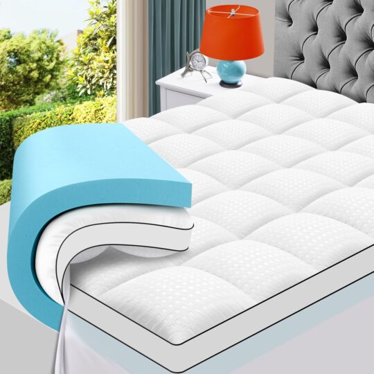 4-inch dual layer mattress topper with cooling gel memory foam, breathable pillow top, ergonomic support, and machine washable design.