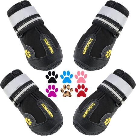 Adjustable dog boots with reflective straps, anti-slip soles, and paw embroidery for outdoor protection and safety.