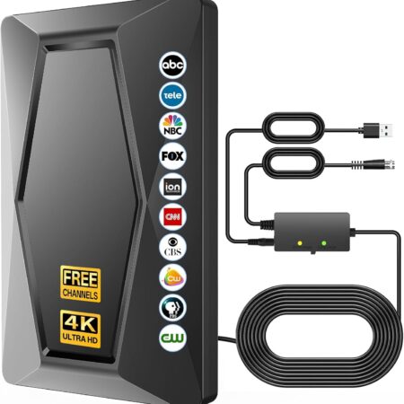 2025 upgraded indoor/outdoor TV antenna with smart IC chip, signal booster, and 16.5 ft cable for long-range, 360-degree TV signal reception.