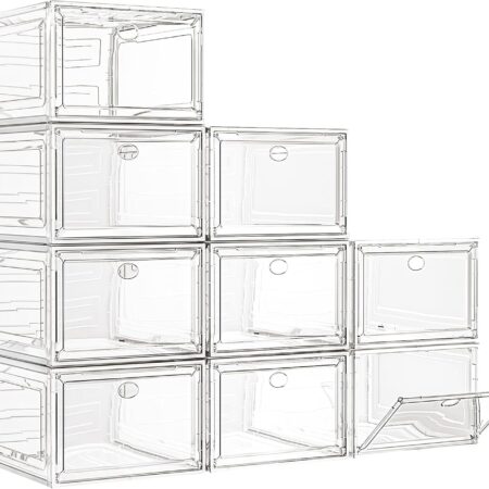 Transparent stackable shoe storage box with magnetic door holding a pair of sneakers, made of thick durable plastic.