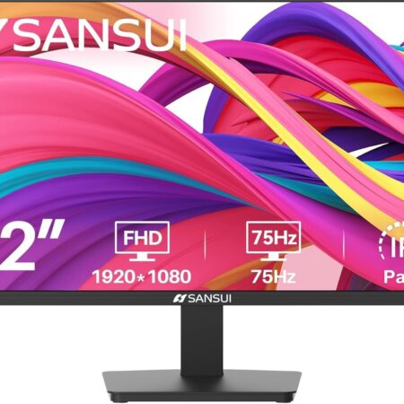 22-inch Full HD IPS monitor with 75Hz refresh rate, FreeSync, HDMI/VGA ports, and ergonomic tilt design for gaming, office, and home use.