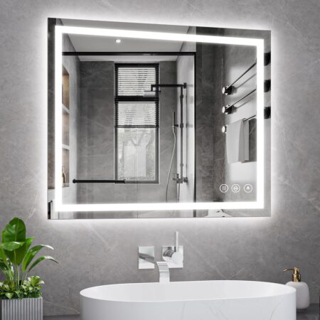 Koonmi LED Bathroom Mirror with Backlit and Front Lighting, Dimmable, 3 Color Temperatures, Defogging, Shatter-Proof Tempered Glass, Vertical or Horizontal Mount