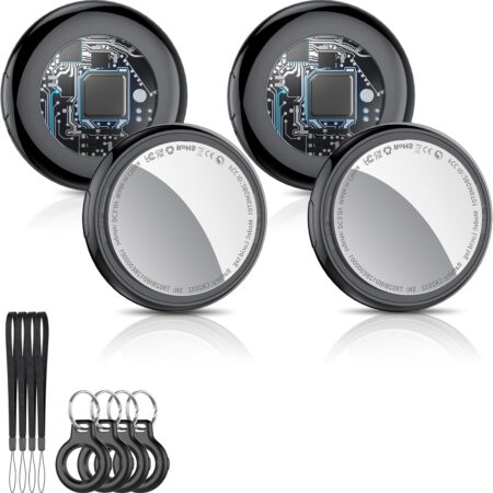 White Tukio smart tracker compatible with Apple Find My app, waterproof, with replaceable battery.