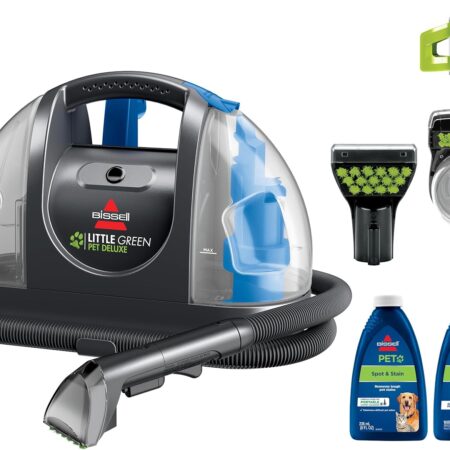 Bissell Little Green Pet Deluxe Portable Carpet Cleaner and Car Detailer, model 3353, in gray and blue, designed for powerful pet stain and odor removal on carpets, upholstery, and auto interiors.