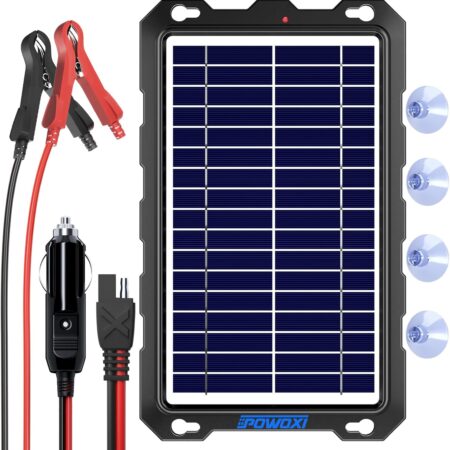 POWOXI 7.5W solar car battery charger with intelligent controller, tempered glass panel, and durable ABS+PC frame for safe 12V battery maintenance.