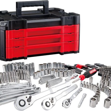 Craftsman VERSASTACK 230-piece mechanics tool set with 1/4", 3/8", and 1/2" drive sizes, organized in a durable 3-drawer storage box.