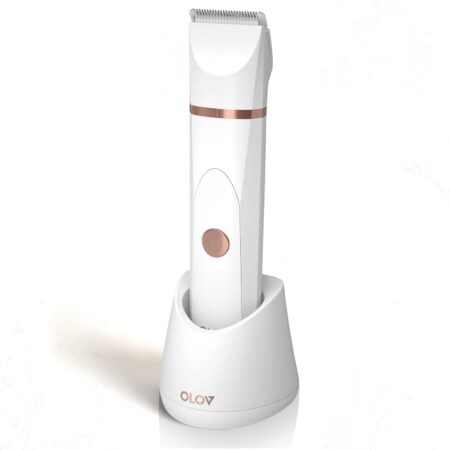 Rechargeable waterproof OLOV trimmer with ceramic blades and adjustable guards, designed for body, groin, and bikini grooming.