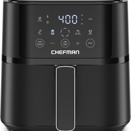 Chefman 4-Quart Digital Air Fryer with Hi-Fry 450°F tech, presets, shake reminder, and dishwasher-safe basket in a compact matte-black finish.