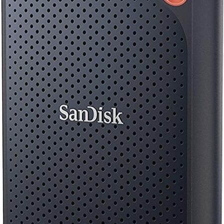 SanDisk Extreme Portable SSD V2 with rugged design, fast NVMe performance, carabiner loop, and hardware encryption for secure, mobile data storage.
