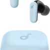 Black Soundcore P30i wireless earbuds with a sleek oval charging case that doubles as a fold-out phone stand.