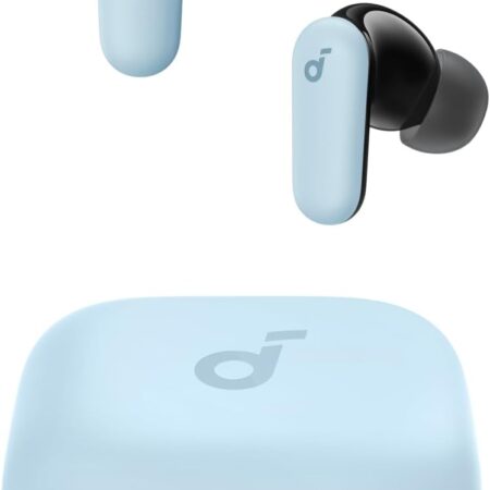 Black Soundcore P30i wireless earbuds with a sleek oval charging case that doubles as a fold-out phone stand.