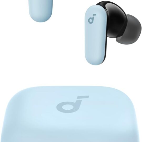 Black Soundcore P30i wireless earbuds with a sleek oval charging case that doubles as a fold-out phone stand.