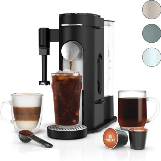 Compact single-serve coffee maker with pod and ground compatibility, built-in frother, multiple brew sizes, and removable water reservoir.