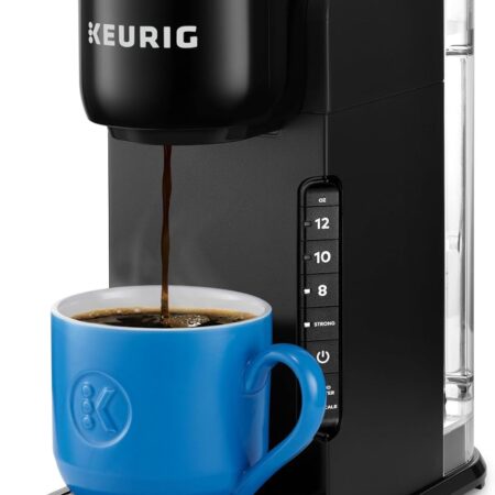 Single-serve coffee maker with strong brew option, 42 oz. water reservoir, multiple cup sizes, travel mug–friendly design, and energy-saving auto-off feature.