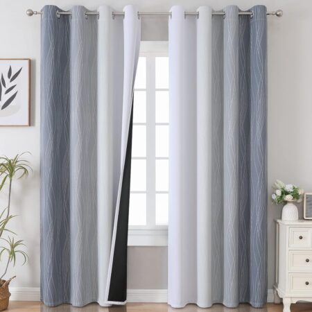 Set of 2 ombre blackout curtains with wavy line design, 100% light-blocking, thermal insulated, and noise-reducing panels with silver grommets.