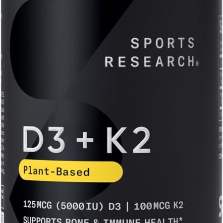 Sports Research Vegan D3 & K2 supplement in mini-softgel form, 125 mcg D3 plus 100 mcg K2 MK-7, supports bone, heart, and immune health.