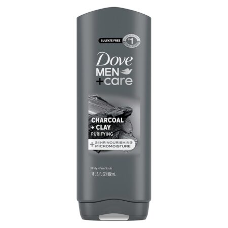 Black and gray Dove Men+Care Charcoal + Clay body and face wash bottle with bold silver label, designed for deep cleansing and hydration.