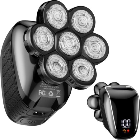 Wyklaus 5-in-1 cordless grooming kit with 7D head shaver, multiple trimmers, LED display, and waterproof design—ideal for home and travel use.