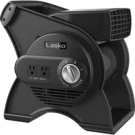 Compact high-velocity utility fan with 3 speeds, 270° pivoting head, and built-in outlets for targeted airflow in small spaces.