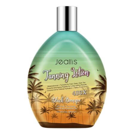 "Jeallis tanning lotion with melanin stimulators, coconut oil, and tattoo protection for fast, deep, natural tanning indoors or outdoors."
