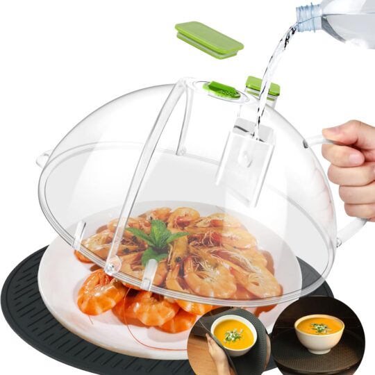 Large 12.5-inch microwave splatter cover with flippable design, built-in water tray, and adjustable steam vent to keep food moist and microwaves clean.