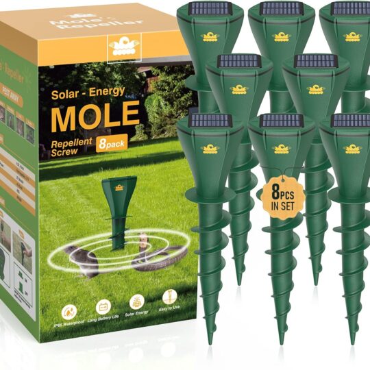 Solar-powered ultrasonic mole repeller with 3 smart vibration modes and screw-in installation—ideal for gardens and lawns.