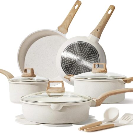 Carote 12-piece granite nonstick cookware set with fry pans, saucepans, stockpot, sauté pan, utensils, and pan protectors—durable, lightweight, and induction-compatible.