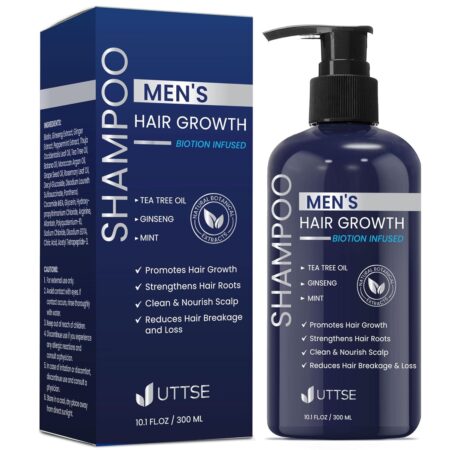 "uttse Professional Biotin-Infused Shampoo in sleek bottle, designed to boost hair density, nourish scalp, and promote healthy growth."