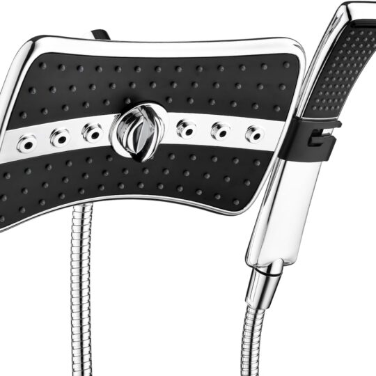 Dual shower head combo in matte black and chrome with easy front switch, 4 spray modes, and tool-free installation.