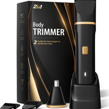 Men's electric razor with dual ceramic blades, waterproof IPX7 build, and versatile trimming for beard, groin, ears, and more.