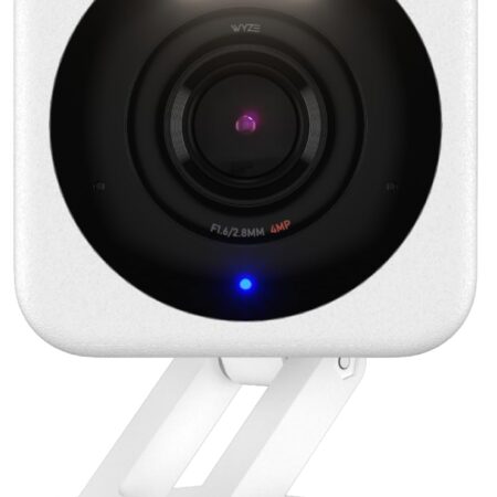 Compact Wyze Cam v4 security camera with 2.5K resolution, LED spotlight, and IP65 weather resistance for indoor and outdoor use.